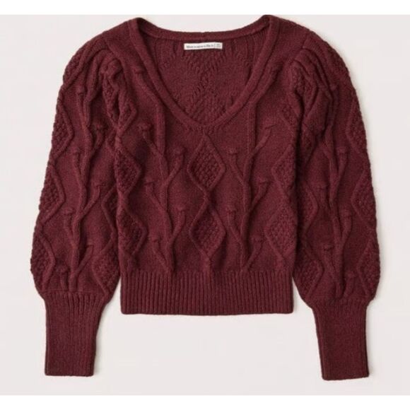 Abercrombie & Fitch Sweaters - Abercrombie & Fitch V-Neck Maroon Soft Cozy Cable Knit Bobble Sweater XL